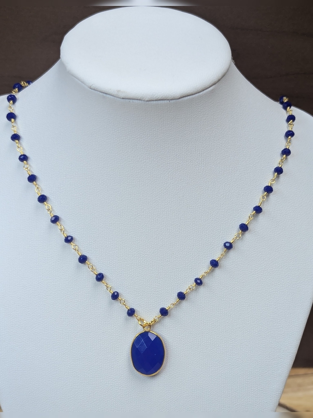 Blue Chalcedony Pendant Necklace | Sapphire Beaded Chain | 24K Gold Plated
